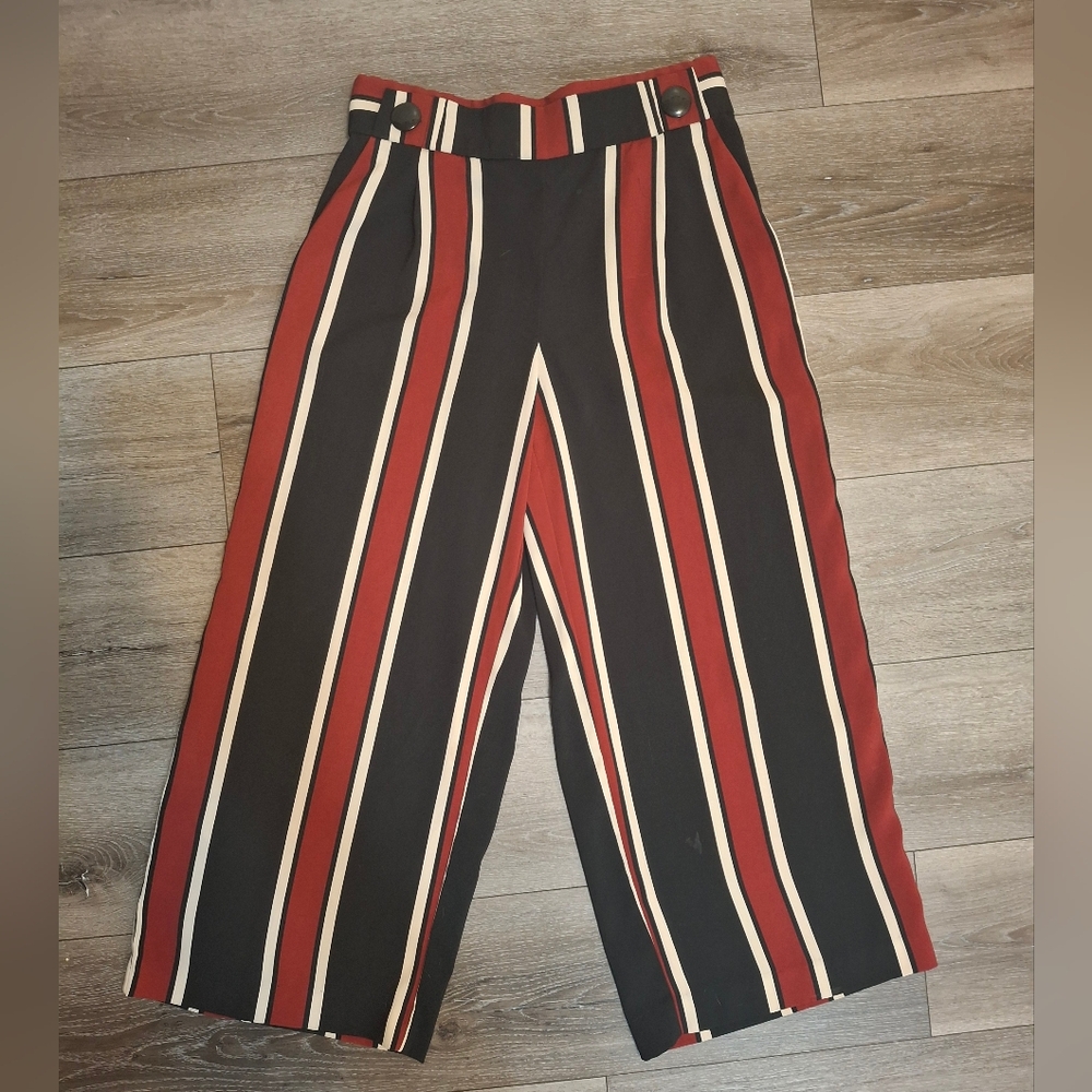 Striped Black and Red Wide-Leg Pants